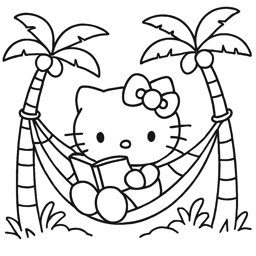 Hello Kitty relaxing in a hammock with a book